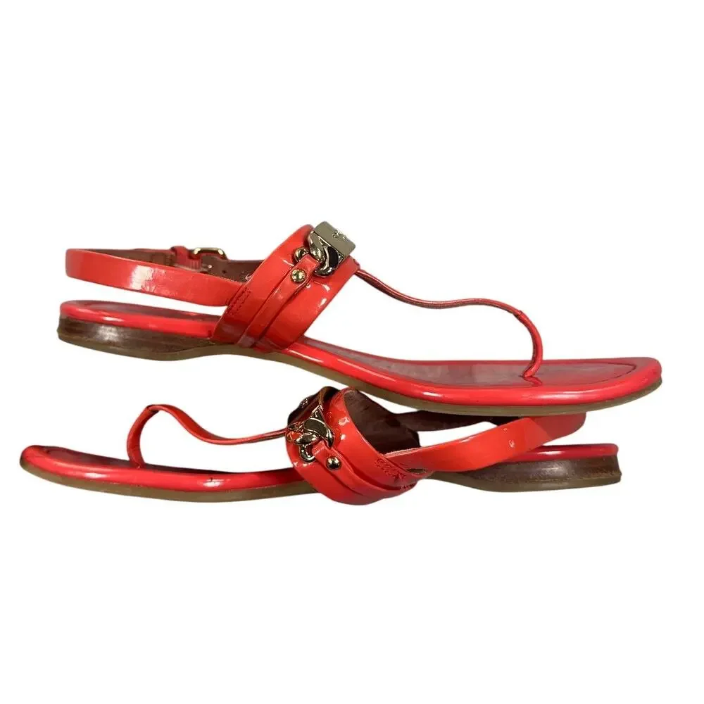 Coach Patent Leather T-Strap Flat Sandals Gold Chain Plaque Size 6B